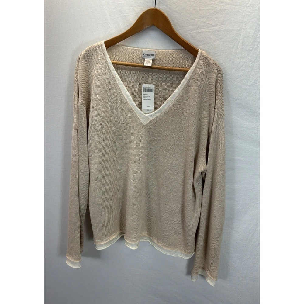 New Chicos Women Linen Open Weave Sweater Sz 3/XL V-Neck Long Sleeve Knit Top
